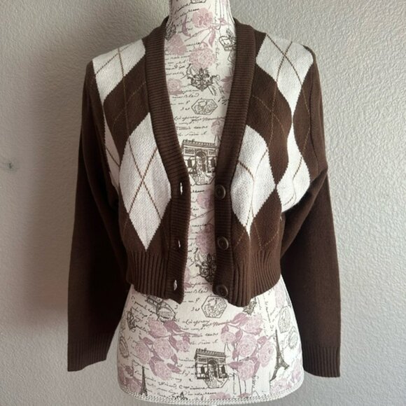 H&M Divided Brown and White Argyle Loose Cropped Cardigan - Women’s Size S - Picture 4 of 10